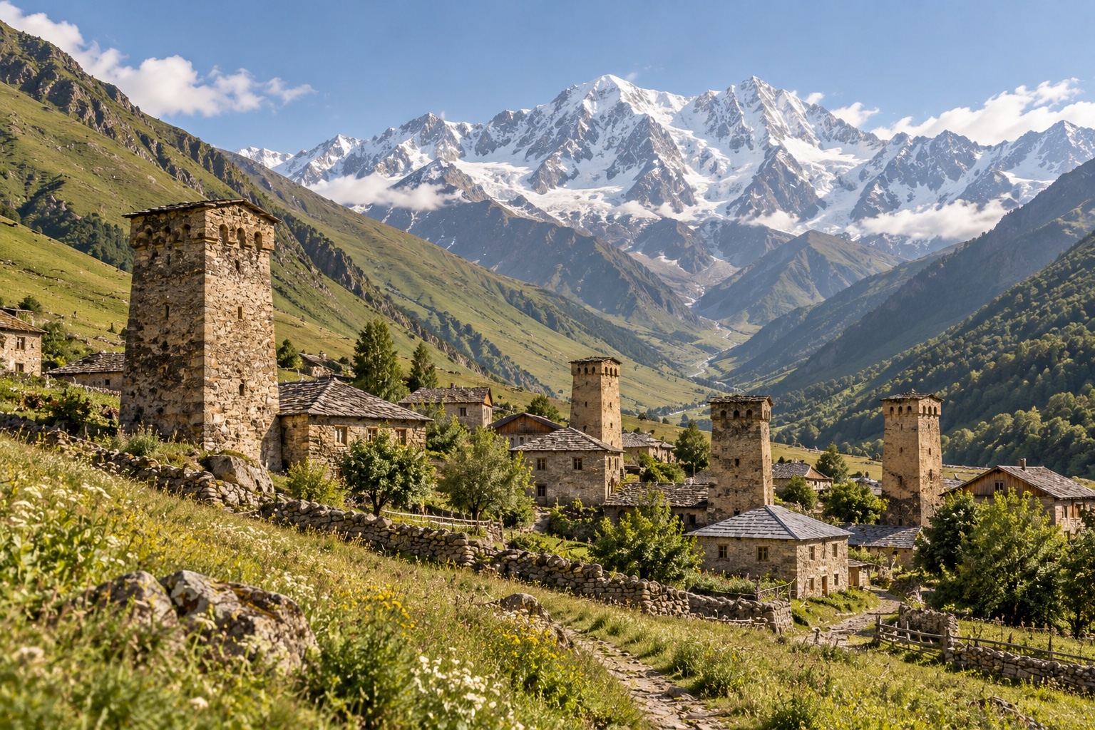 Illustrative render of Ushguli stone towers and the mountains of Svaneti