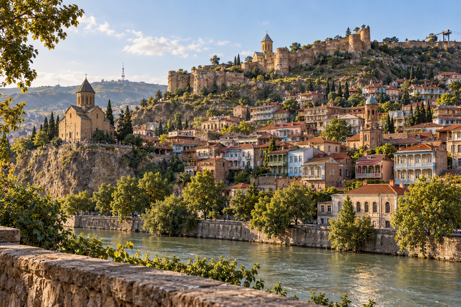 Illustrative render of Old Tbilisi balconies, the river and Narikala fortress