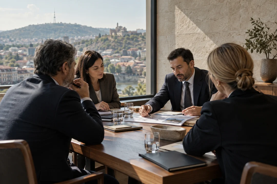 Illustrative render of a business delegation meeting in Tbilisi